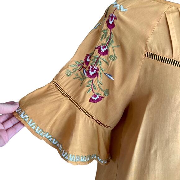 Entro Mustard Top Embroidered Sleeves Pleated Bell Sleeves Boho Western Medium - Picture 4 of 8